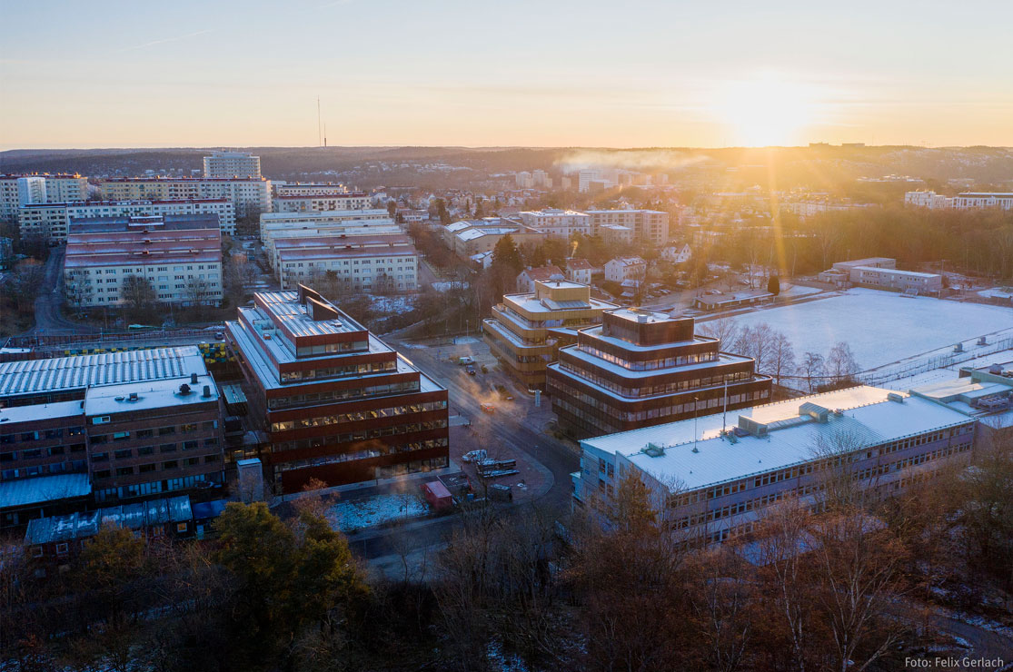 Johanneberg Science Park from above with snow on the roofs